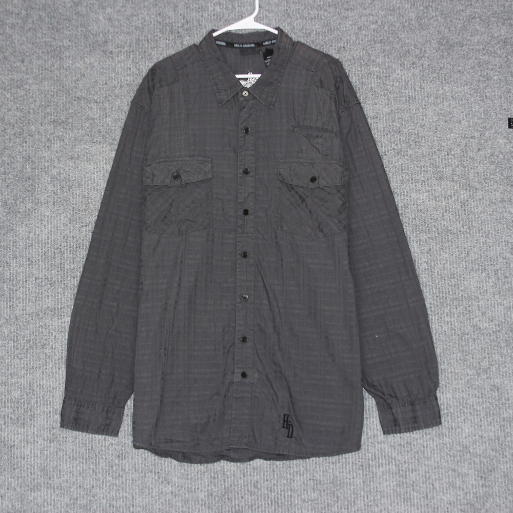 Harley Davidson Men Button Up Shirt Long Sleeve Gray Plaid Genuine Motor Clothes